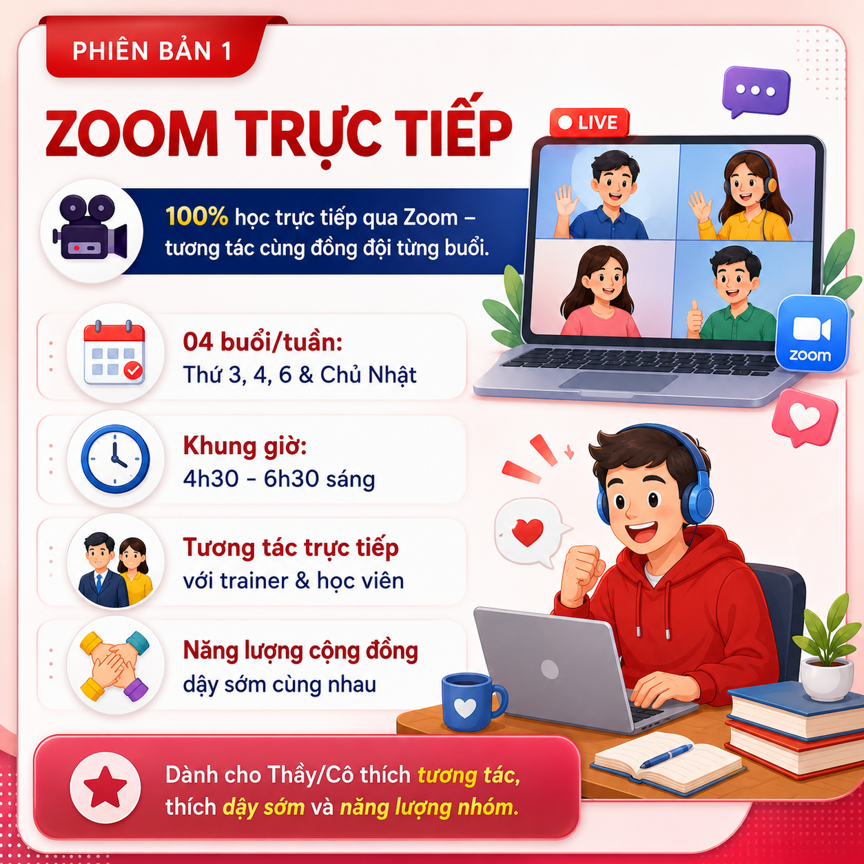 Phiên bản 1: ZOOM Trực Tiếp - 100% học trực tiếp qua Zoom